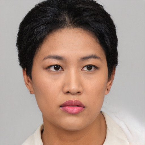 Neutral asian young-adult female with short  black hair and brown eyes