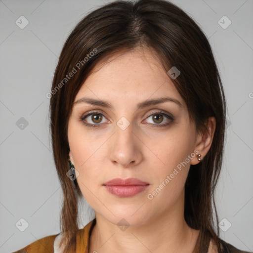 Neutral white young-adult female with medium  brown hair and brown eyes