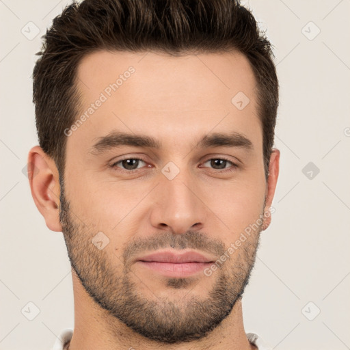 Joyful white young-adult male with short  brown hair and brown eyes