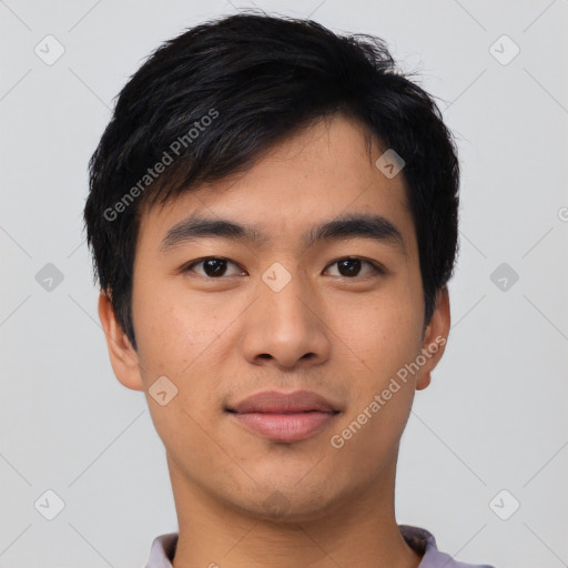 Neutral asian young-adult male with short  black hair and brown eyes