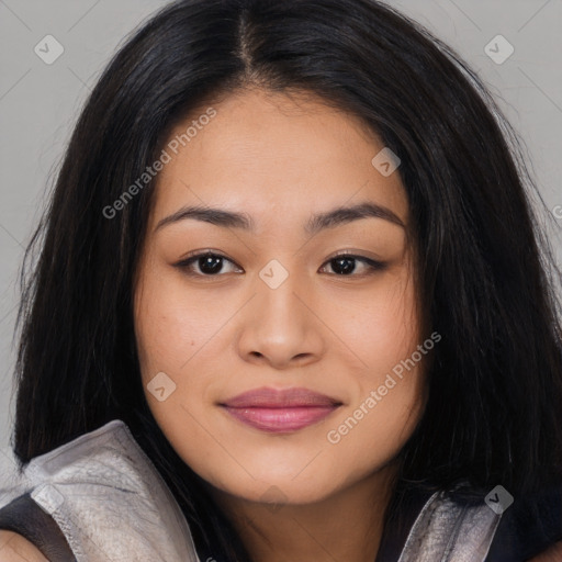 Joyful asian young-adult female with long  black hair and brown eyes