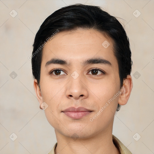 Joyful asian young-adult male with short  black hair and brown eyes