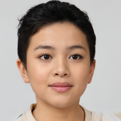 Neutral asian young-adult female with short  brown hair and brown eyes