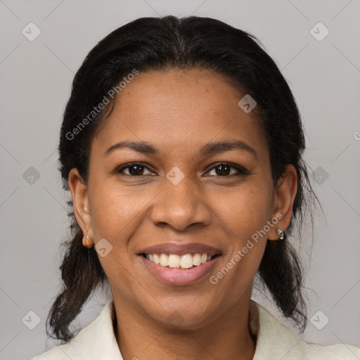 Joyful black young-adult female with medium  brown hair and brown eyes