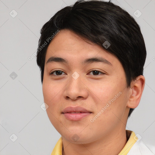 Joyful asian young-adult male with short  brown hair and brown eyes