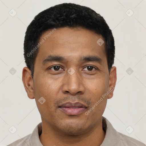 Neutral latino young-adult male with short  black hair and brown eyes