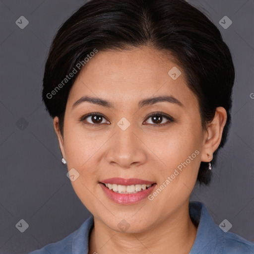 Joyful white young-adult female with medium  brown hair and brown eyes