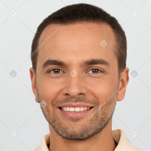 Joyful white young-adult male with short  brown hair and brown eyes