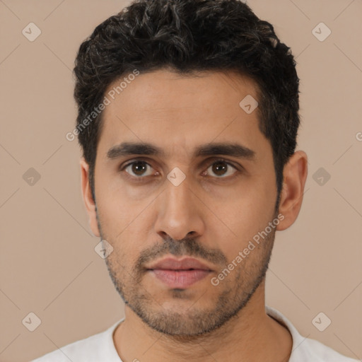 Neutral latino young-adult male with short  black hair and brown eyes