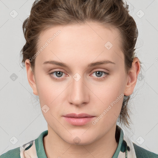 Neutral white young-adult female with medium  brown hair and grey eyes