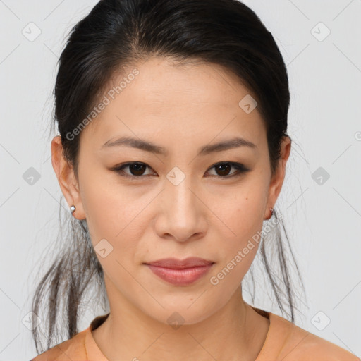 Joyful asian young-adult female with medium  brown hair and brown eyes