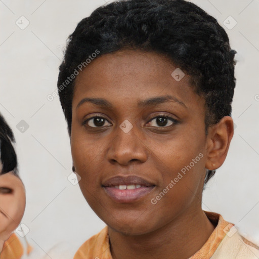 Neutral black young-adult female with short  black hair and brown eyes