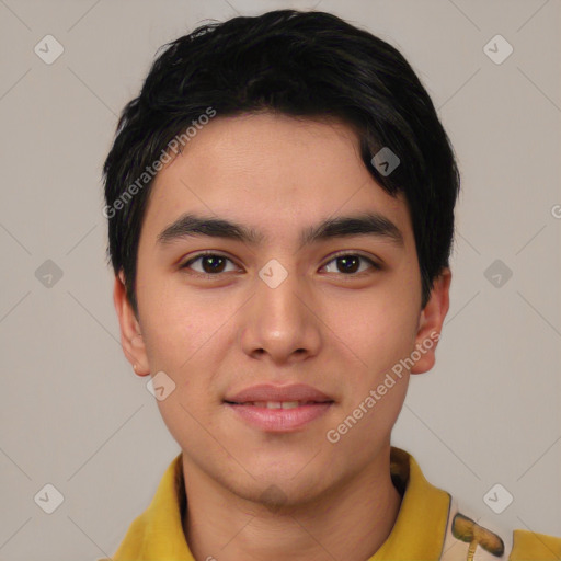 Joyful white young-adult male with short  black hair and brown eyes