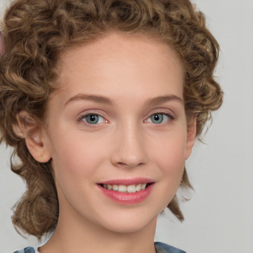 Joyful white young-adult female with medium  brown hair and green eyes