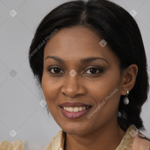 Joyful black young-adult female with medium  brown hair and brown eyes