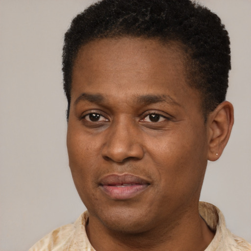 Joyful black adult male with short  brown hair and brown eyes