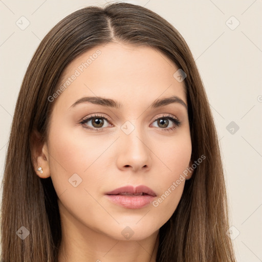 Neutral white young-adult female with long  brown hair and brown eyes