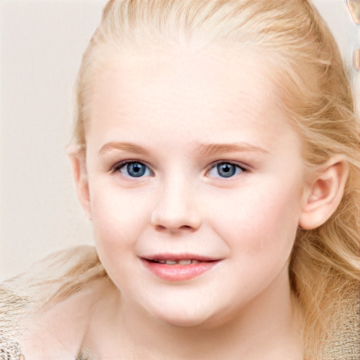 Joyful white child female with medium  brown hair and blue eyes