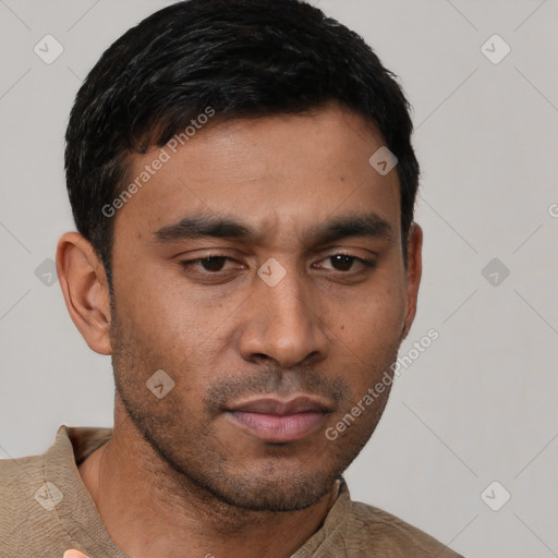 Neutral white young-adult male with short  black hair and brown eyes