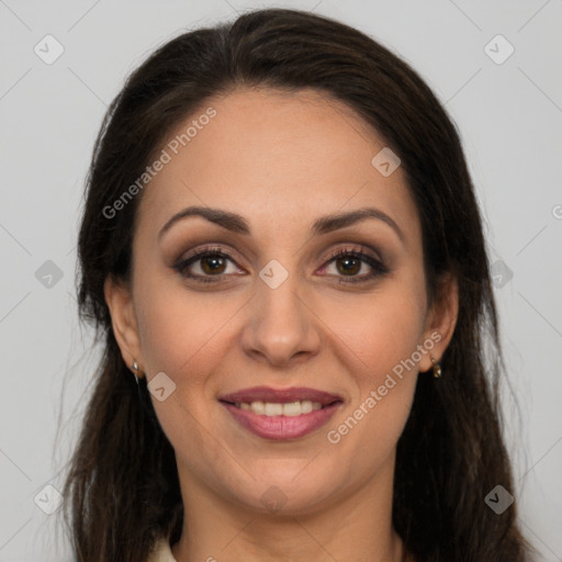 Joyful white young-adult female with long  brown hair and brown eyes