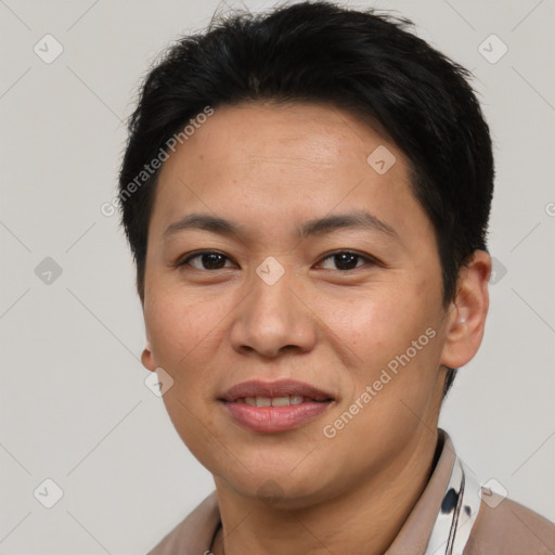 Joyful asian young-adult female with short  brown hair and brown eyes