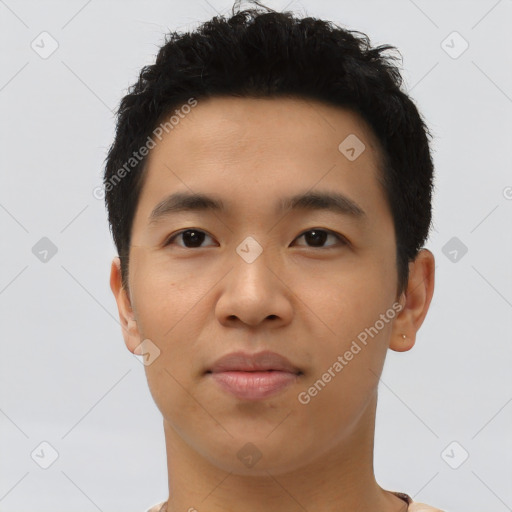 Neutral asian young-adult male with short  black hair and brown eyes