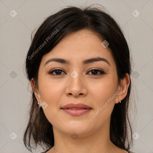 Joyful asian young-adult female with medium  brown hair and brown eyes