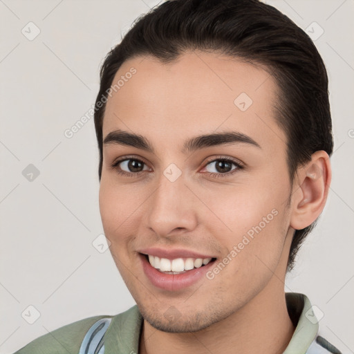 Joyful white young-adult female with short  brown hair and brown eyes