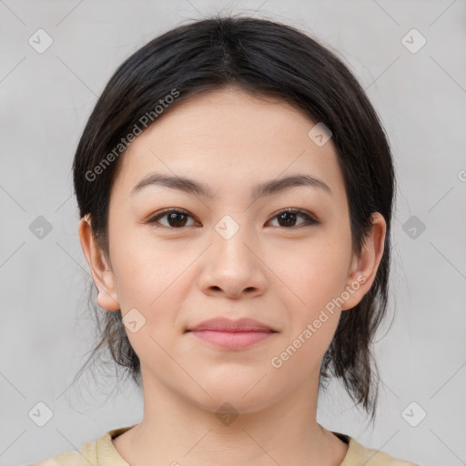 Neutral white young-adult female with medium  brown hair and brown eyes