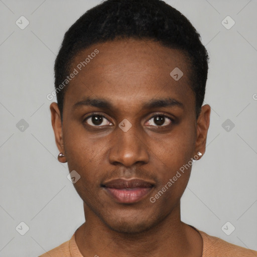 Neutral black young-adult male with short  black hair and brown eyes
