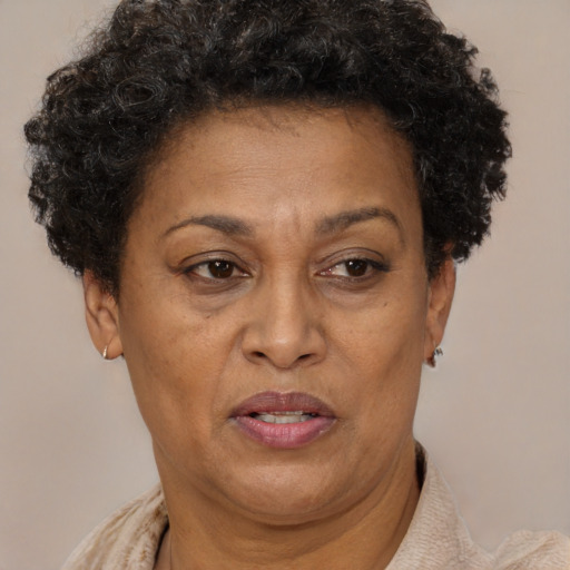 Joyful black adult female with short  brown hair and brown eyes