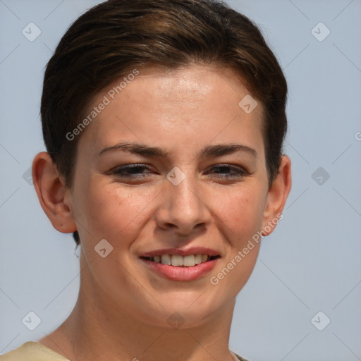 Joyful white young-adult female with short  brown hair and grey eyes