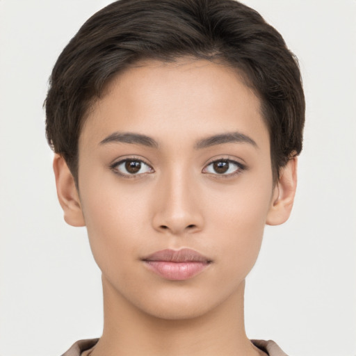 Neutral white young-adult female with short  brown hair and brown eyes