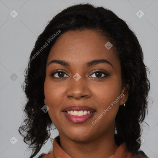 Joyful black young-adult female with medium  black hair and brown eyes