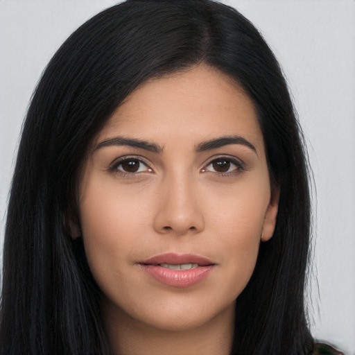 Neutral asian young-adult female with long  black hair and brown eyes