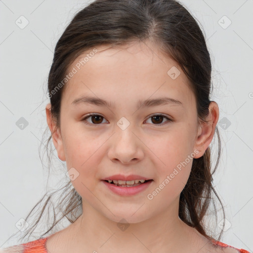 Joyful white child female with medium  brown hair and brown eyes