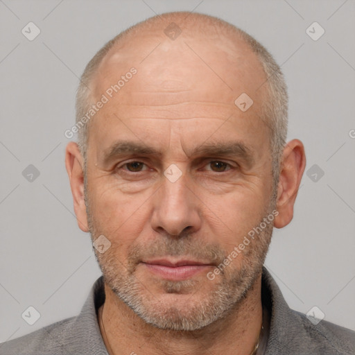 Neutral white middle-aged male with short  brown hair and brown eyes