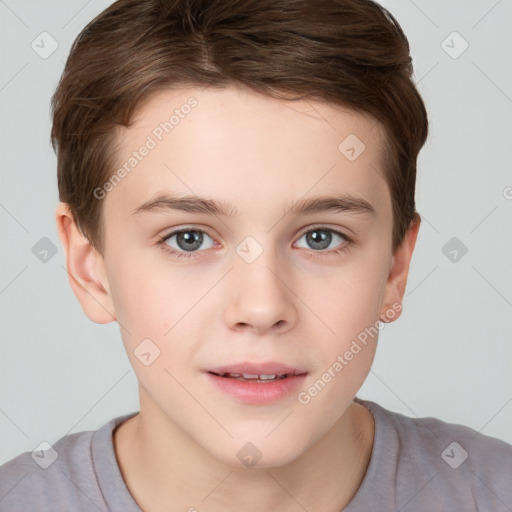 Joyful white child male with short  brown hair and brown eyes