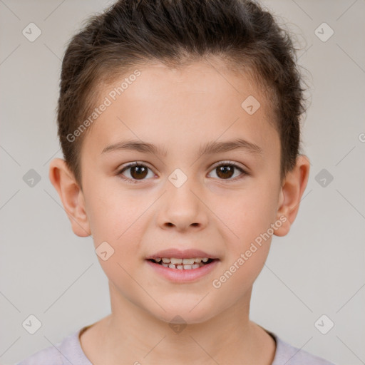 Joyful white child female with short  brown hair and brown eyes