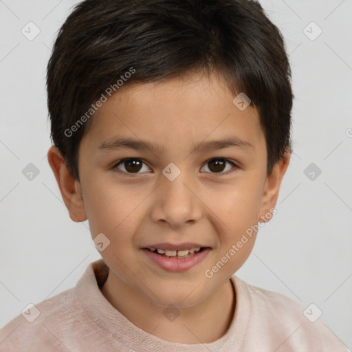 Joyful white child male with short  brown hair and brown eyes