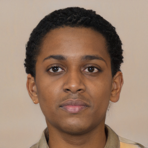Neutral black young-adult female with short  black hair and brown eyes