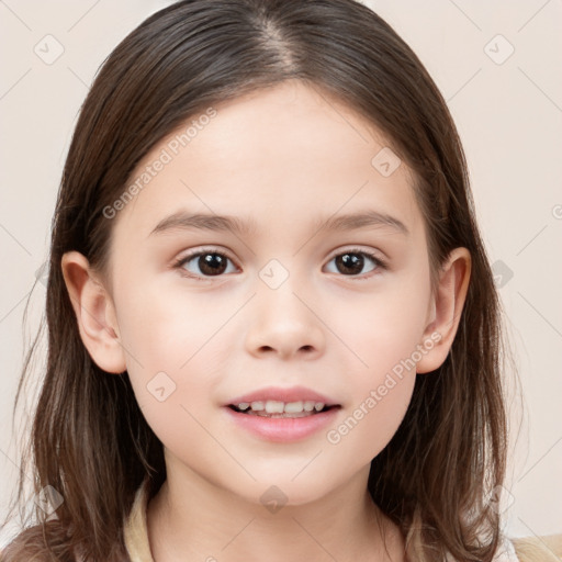 Joyful white child female with medium  brown hair and brown eyes