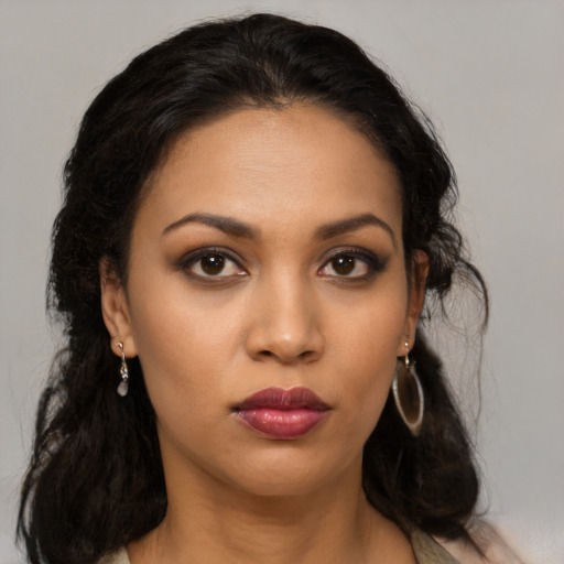 Neutral latino young-adult female with medium  black hair and brown eyes