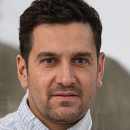 Joyful white adult male with short  brown hair and brown eyes