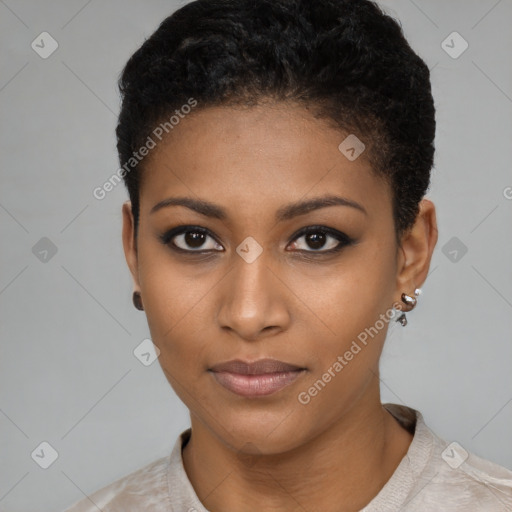 Neutral black young-adult female with short  brown hair and brown eyes