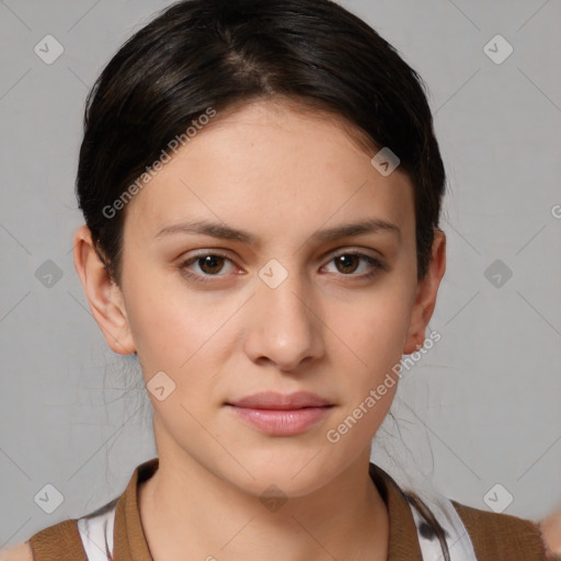 Neutral white young-adult female with medium  brown hair and brown eyes