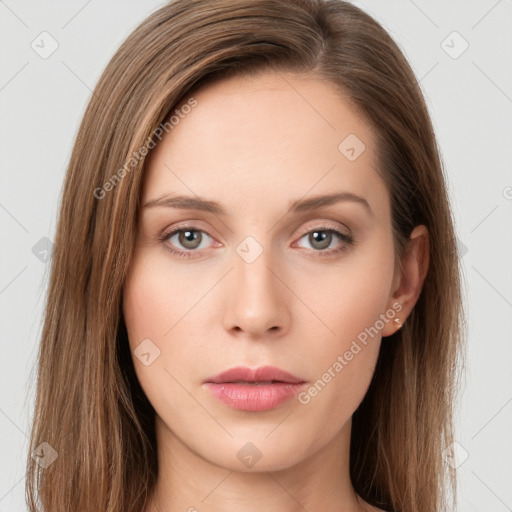 Neutral white young-adult female with long  brown hair and grey eyes