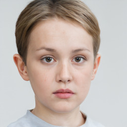 Neutral white child female with short  brown hair and grey eyes