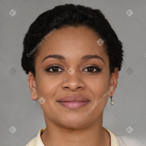 Joyful latino young-adult female with short  brown hair and brown eyes