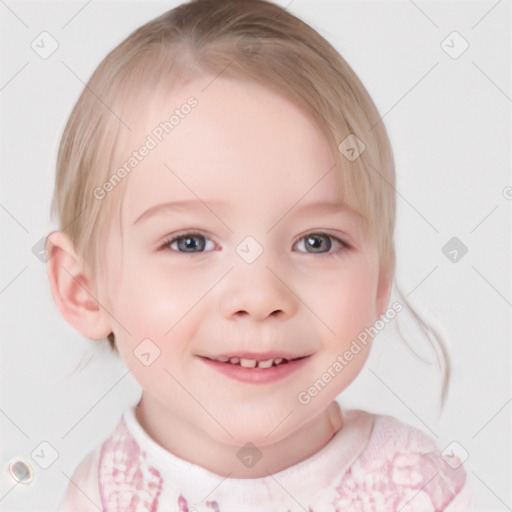 Joyful white child female with medium  blond hair and blue eyes